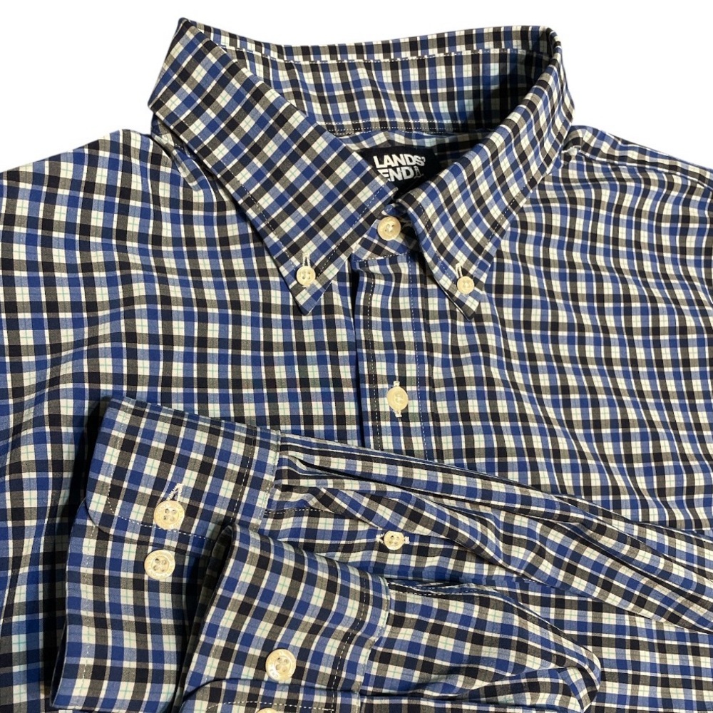 Lands' End Performance Stretch Plaid Button Up Shirt Blue Black Men’s XL Tall